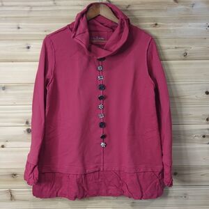 Neon Buddha Top Womens Petite Medium Red Embellished Button Blouse Art